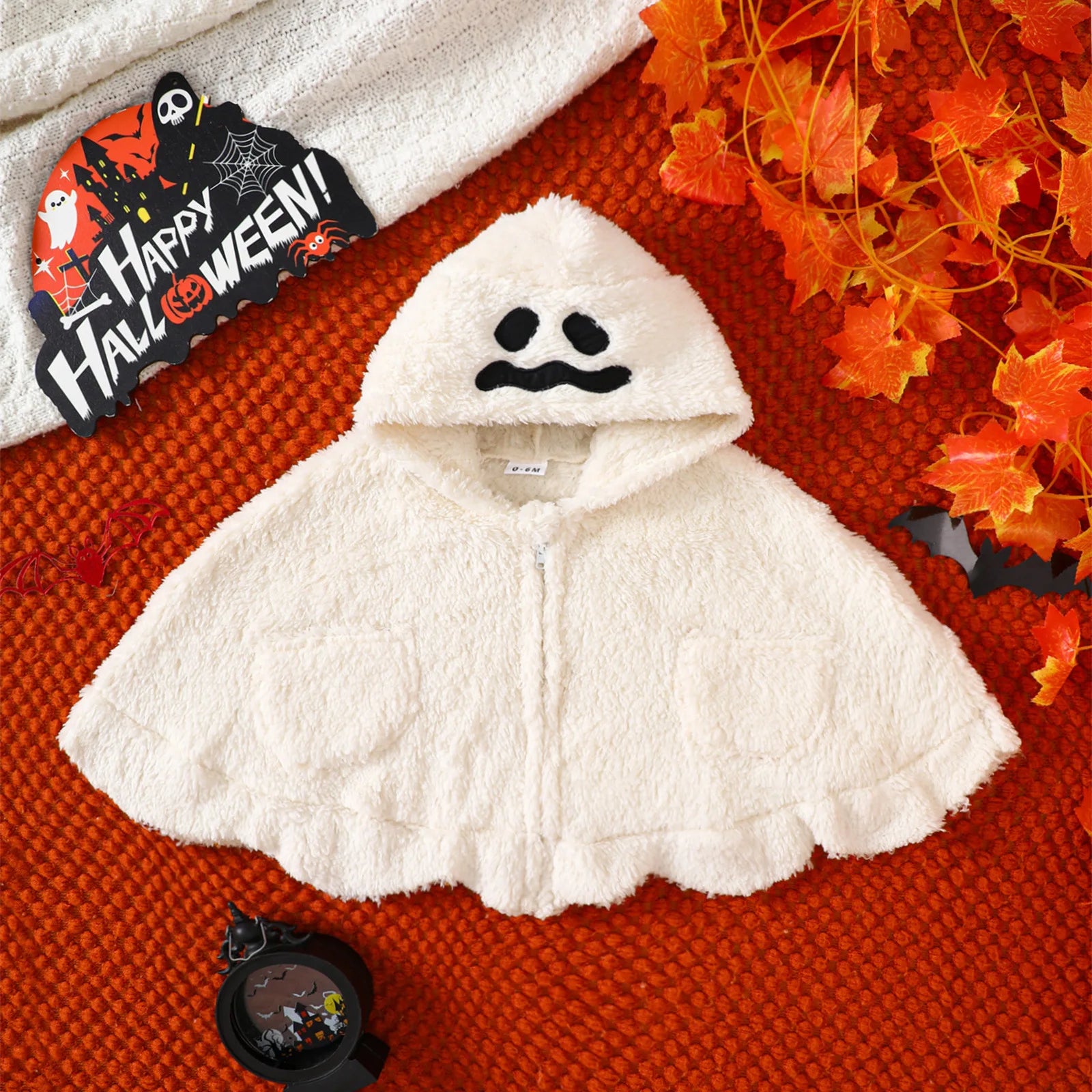 White ghost fleece cloak costume with hood and ghost face