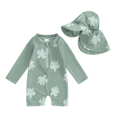 Floral Zip-Up Swimwear Set with Hat for Toddlers