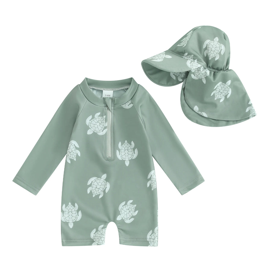 Floral Zip-Up Swimwear Set with Hat for Toddlers
