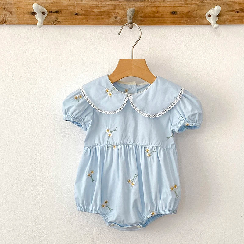 Embroidered romper and dress set for girls in summer colors