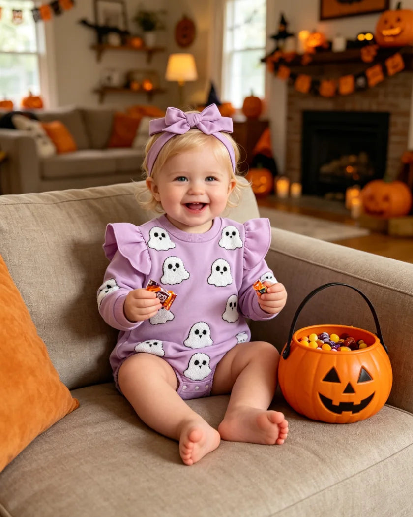 Baby wearing lavender ghost applique bodysuit with matching headband, sitting on couch with Halloween decorations