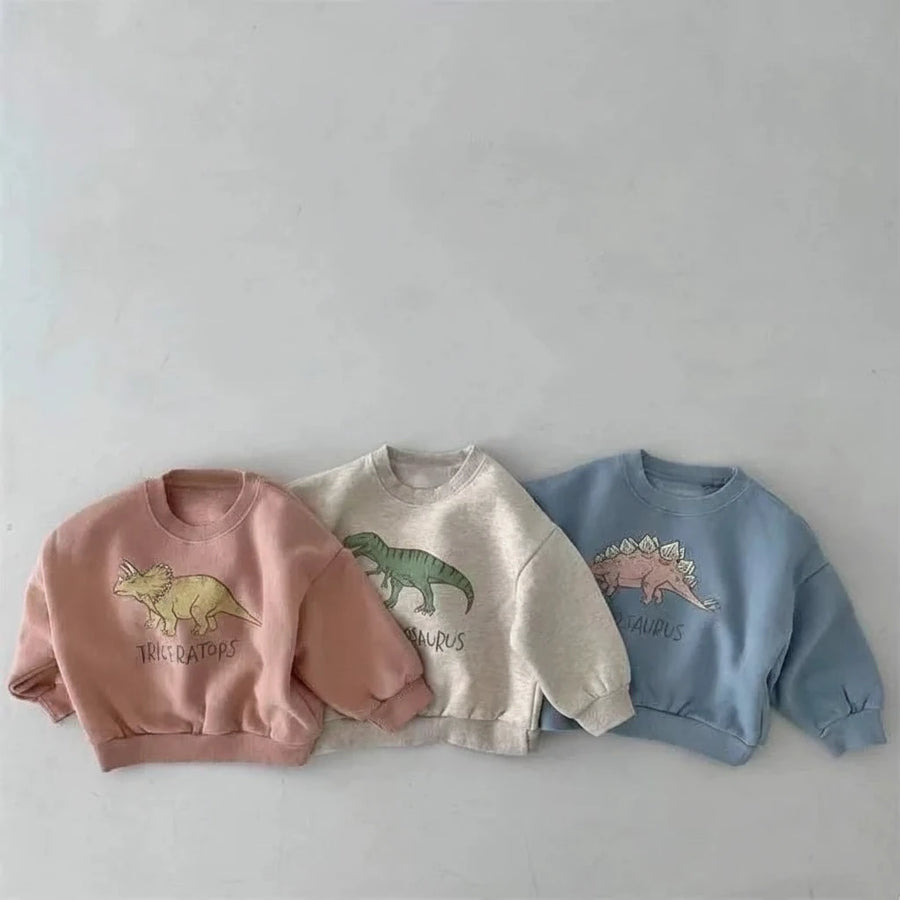 Cartoon Dinosaur Pullover Sweatshirt in Pink