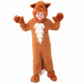 Child wearing fox animal jumpsuit costume with hood, gloves, and foot covers