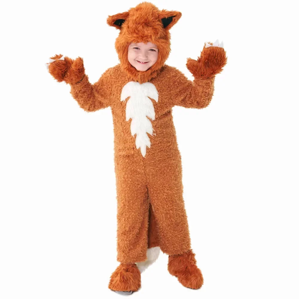 Child wearing fox animal jumpsuit costume with hood, gloves, and foot covers