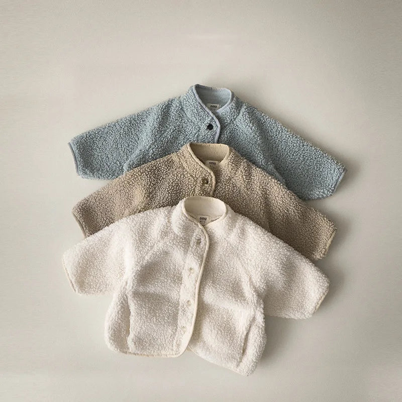 Children's Winter Lamb Wool Coat with Velvet Padding in White color