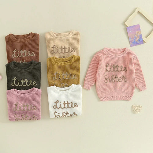 Toddler Girl Long Sleeve Embroidered Knit Pullover Sweater in multiple colors