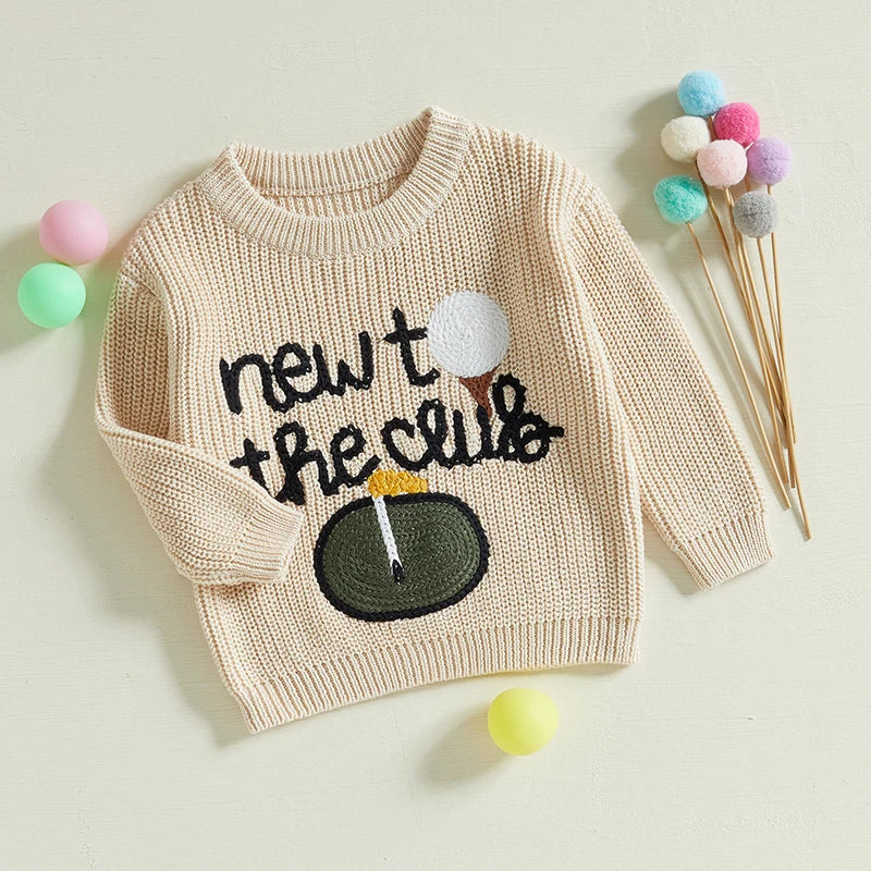 Autumn Winter Baby Sweater with Golf Letter Embroidery Long Sleeve Crew Neck Pullover in Beige