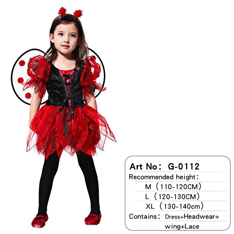 Girl wearing a red and black ladybug costume with wings and headband