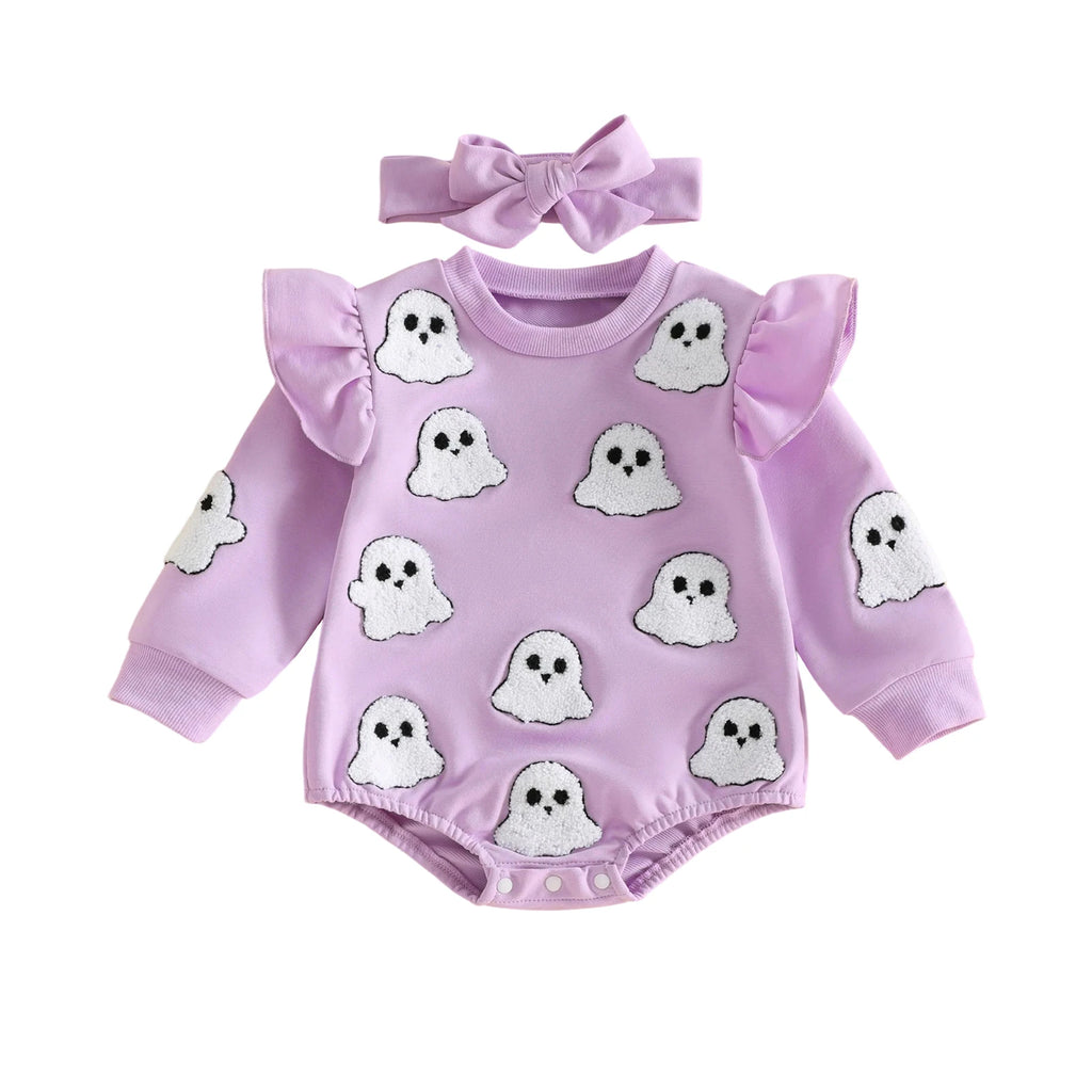 Lavender infant bodysuit with white ghost appliques and matching lavender headband with bow