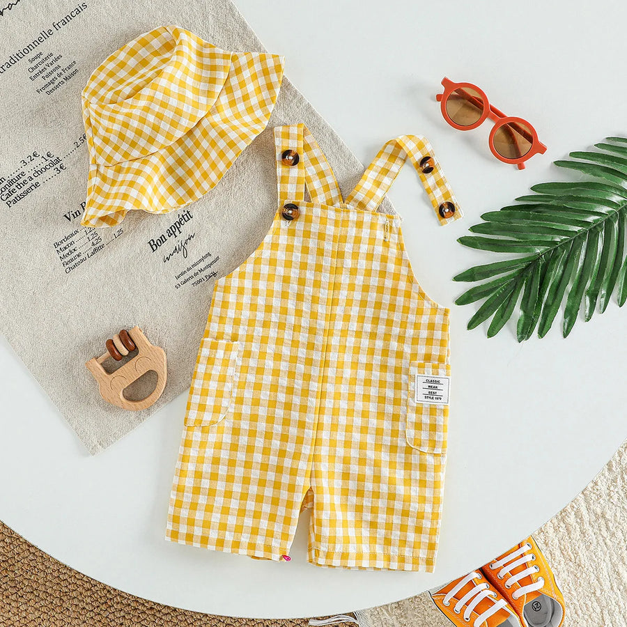 Plaid Sleeveless Overalls for Babies with Square Neckline