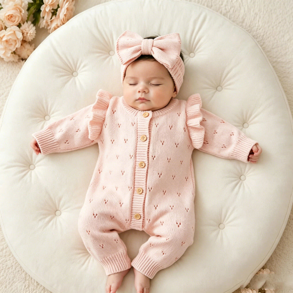 Baby Girl Wearing Pink Ruffle Sleeve Knit Romper and Bow Headband
