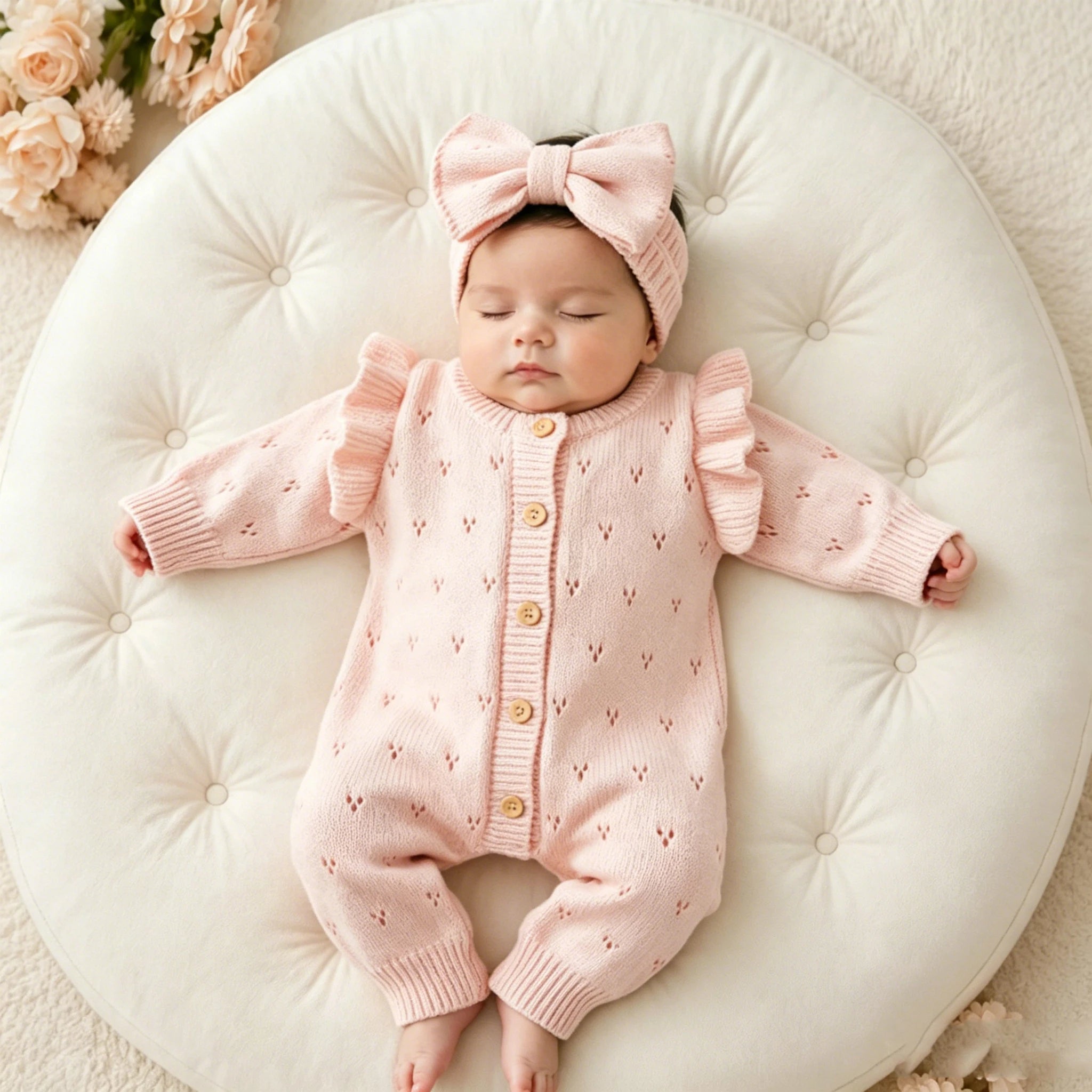 Baby Girl Wearing Pink Ruffle Sleeve Knit Romper and Bow Headband