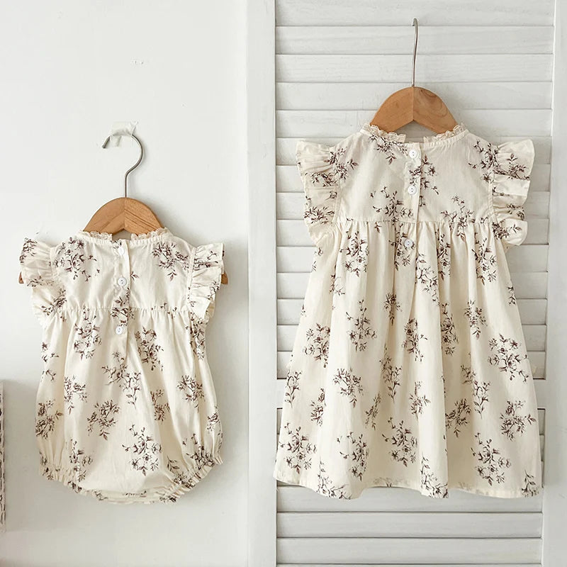 Ruffle lace sleeveless baby romper or dress style