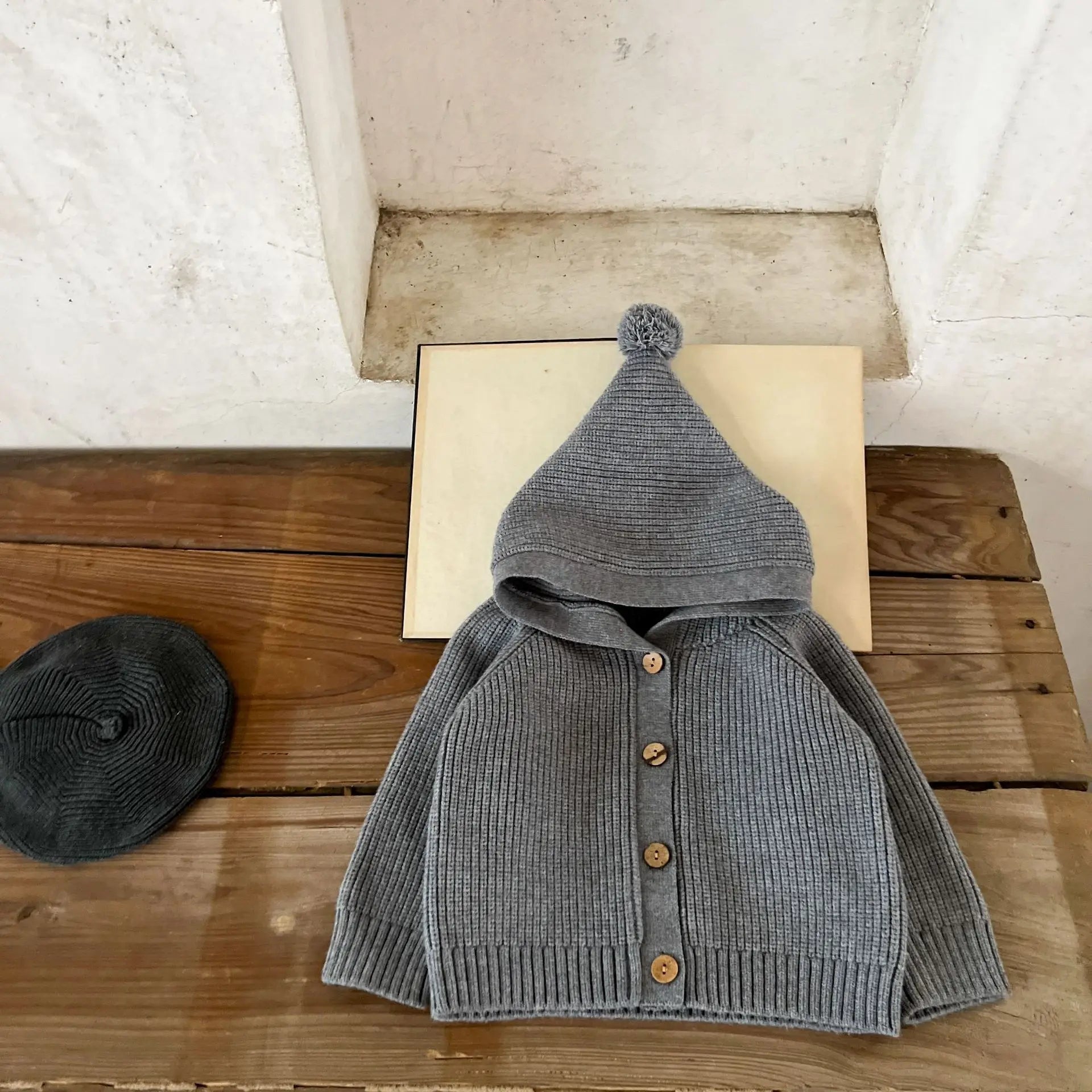 Hooded Pom Pom Knit Cardigan Cozy Cotton Baby Sweater Unisex Autumn Winter Cable Knitwear