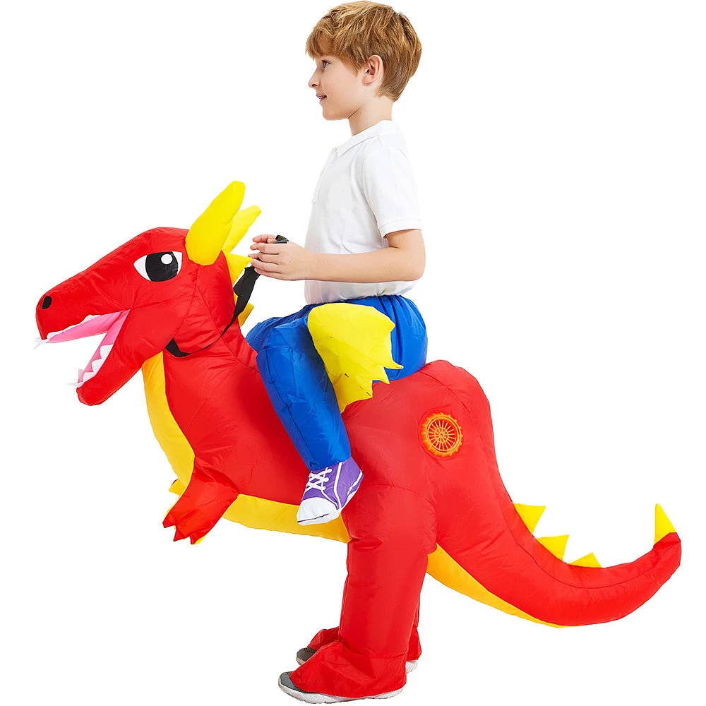 Child wearing red inflatable dinosaur costume with yellow accents