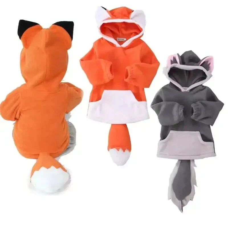 Front and back views of fox and wolf animal hoodie costumes