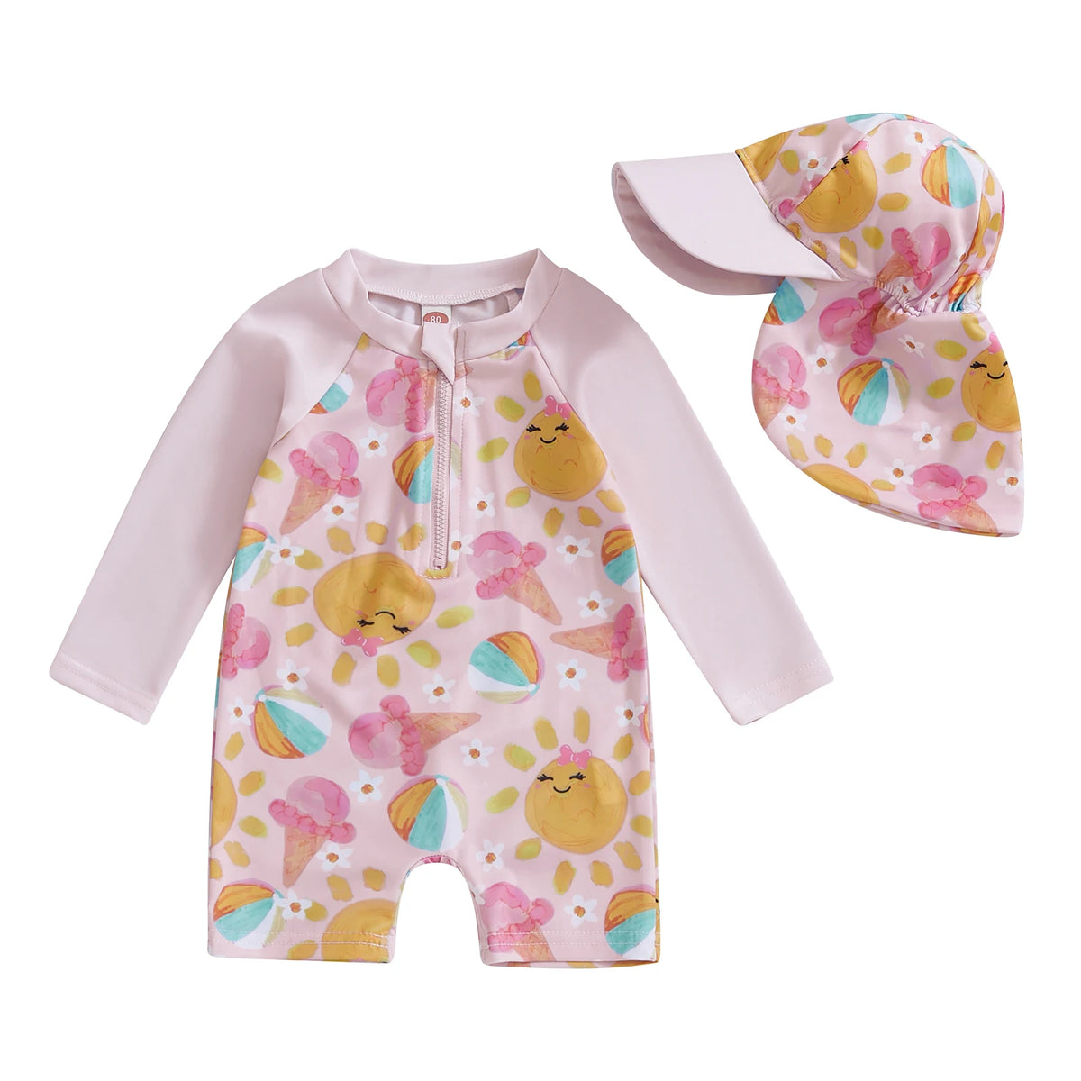 Floral Zip-Up Swimwear Set with Hat for Toddlers