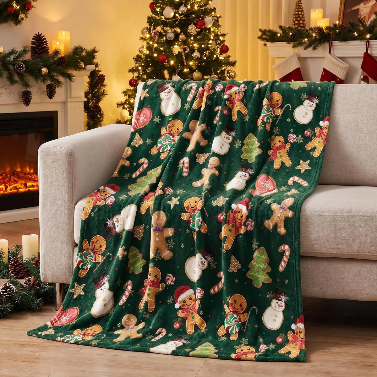 Green Gingerbread Christmas Throw Blanket