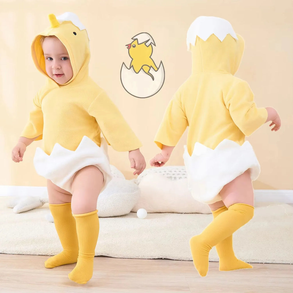 Baby modeling yellow chick costume romper with white eggshell design and hood