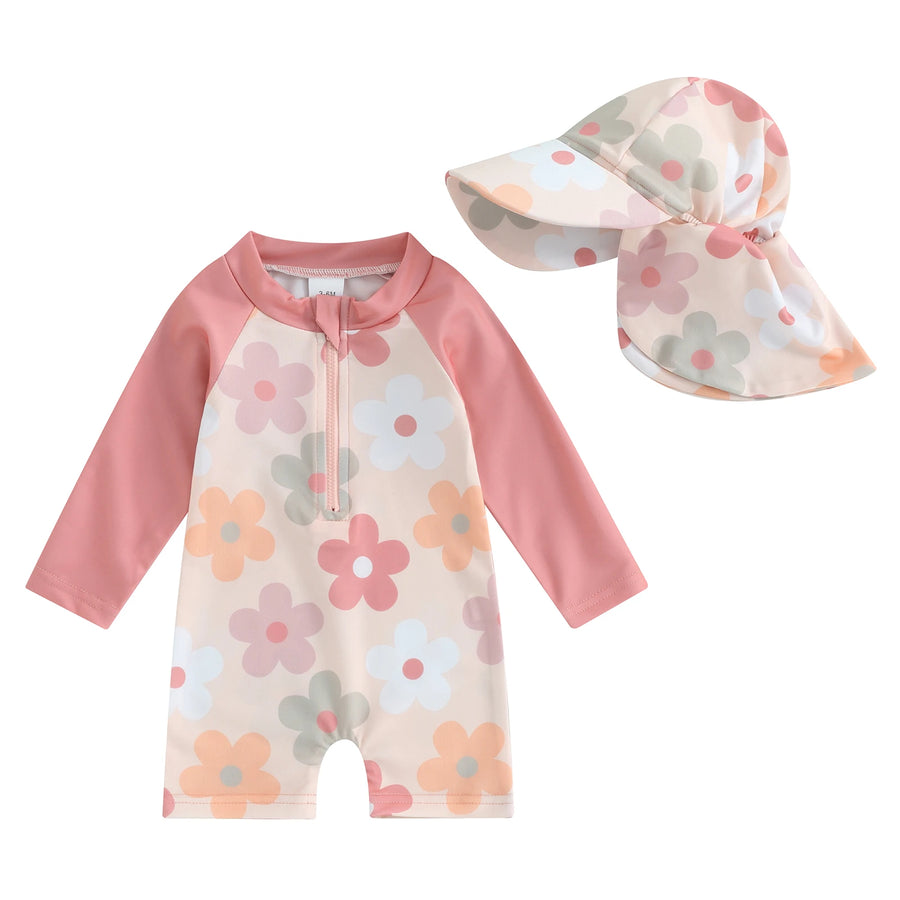 Floral Zip-Up Baby Swimwear Set with Hat