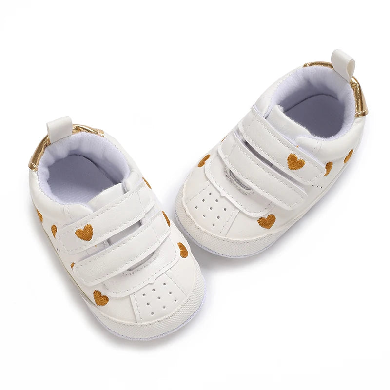 Gold Heart Velcro baby sneakers, top view