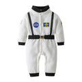 White astronaut romper with black belt and patches front view