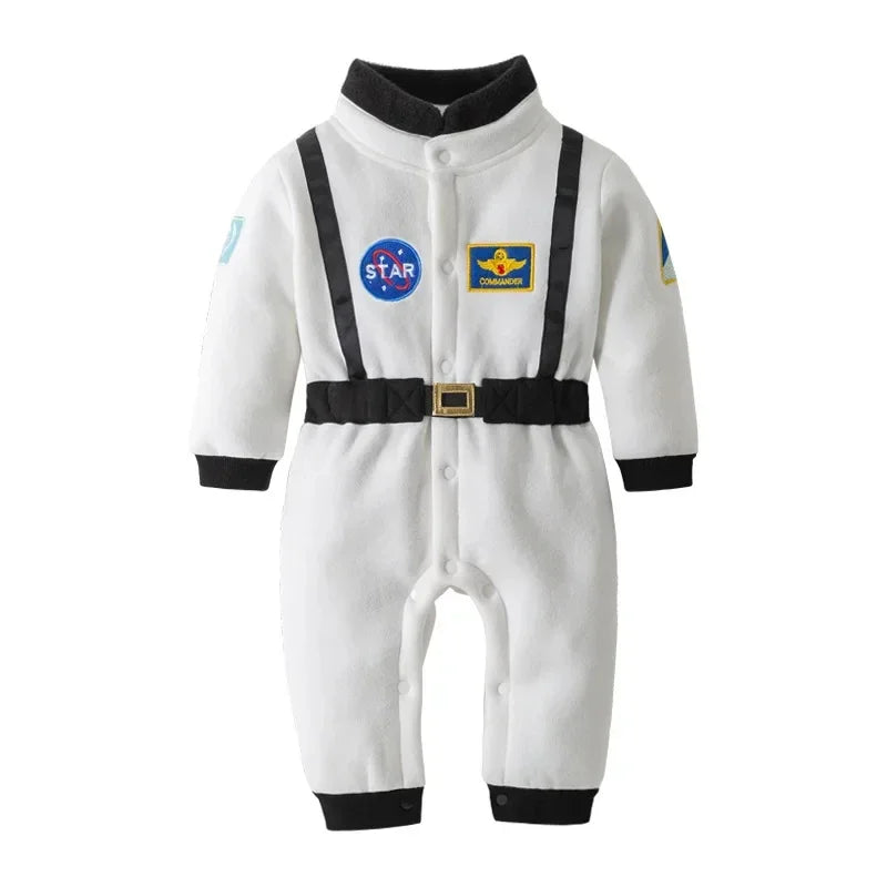 White astronaut romper with black belt and patches front view