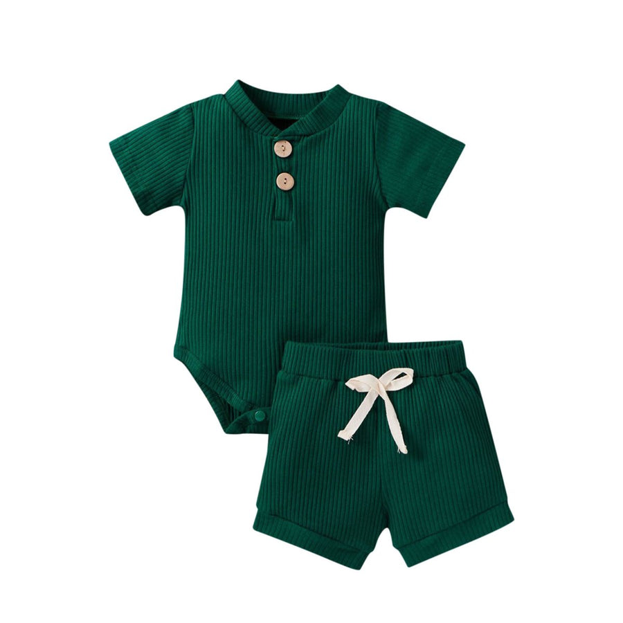 Green ribbed baby bodysuit and shorts set