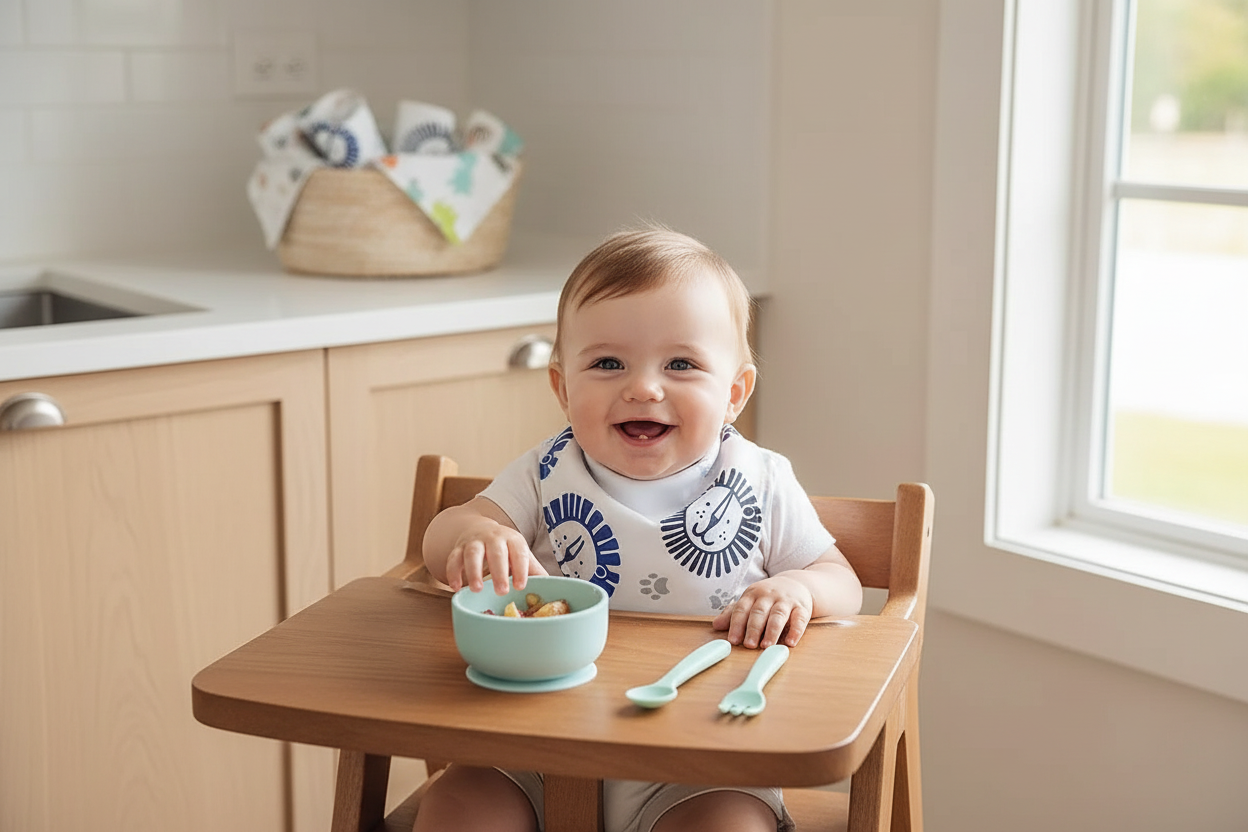 Baby in high chair wearing safari bib during mealtime
