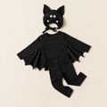 Three-piece black baby bat costume with winged romper, pants, and ear bonnet
