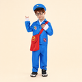 Child wearing blue postman coat costume with red mail bag and cap
