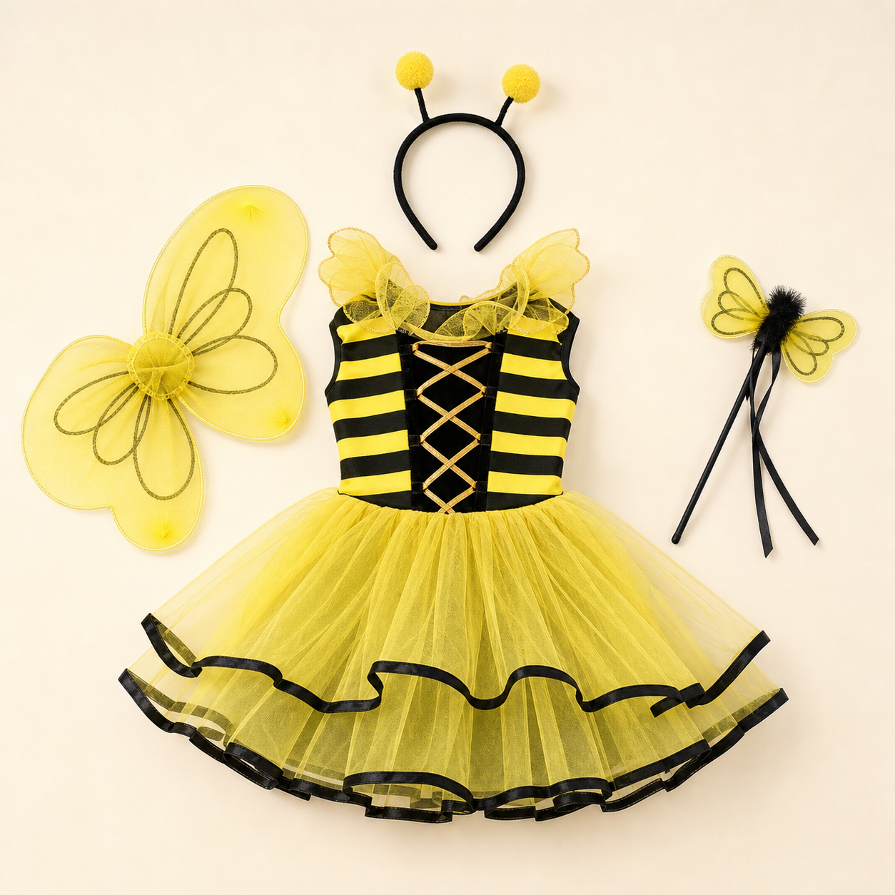 Bright yellow bee fairy dress costume with wings and antenna headband