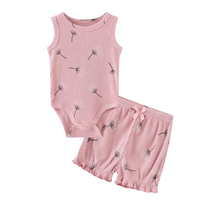 Pink dandelion-print baby bodysuit and shorts set