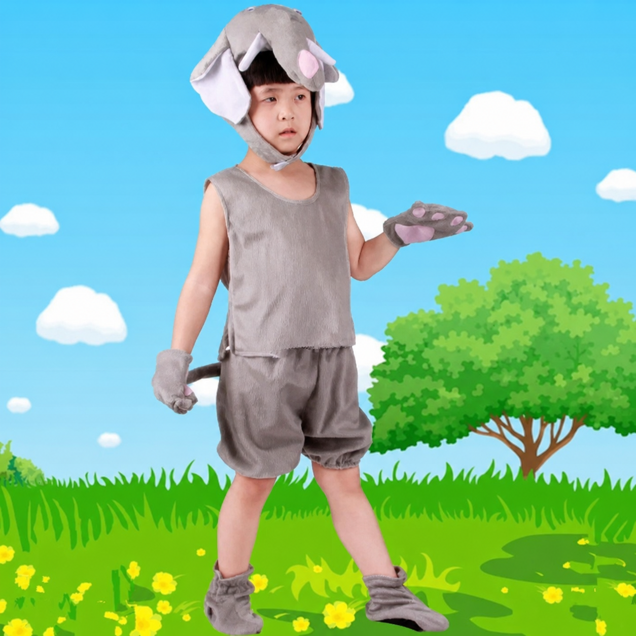 Child wearing a gray elephant costume set with hood, vest, shorts, gloves, and shoe covers