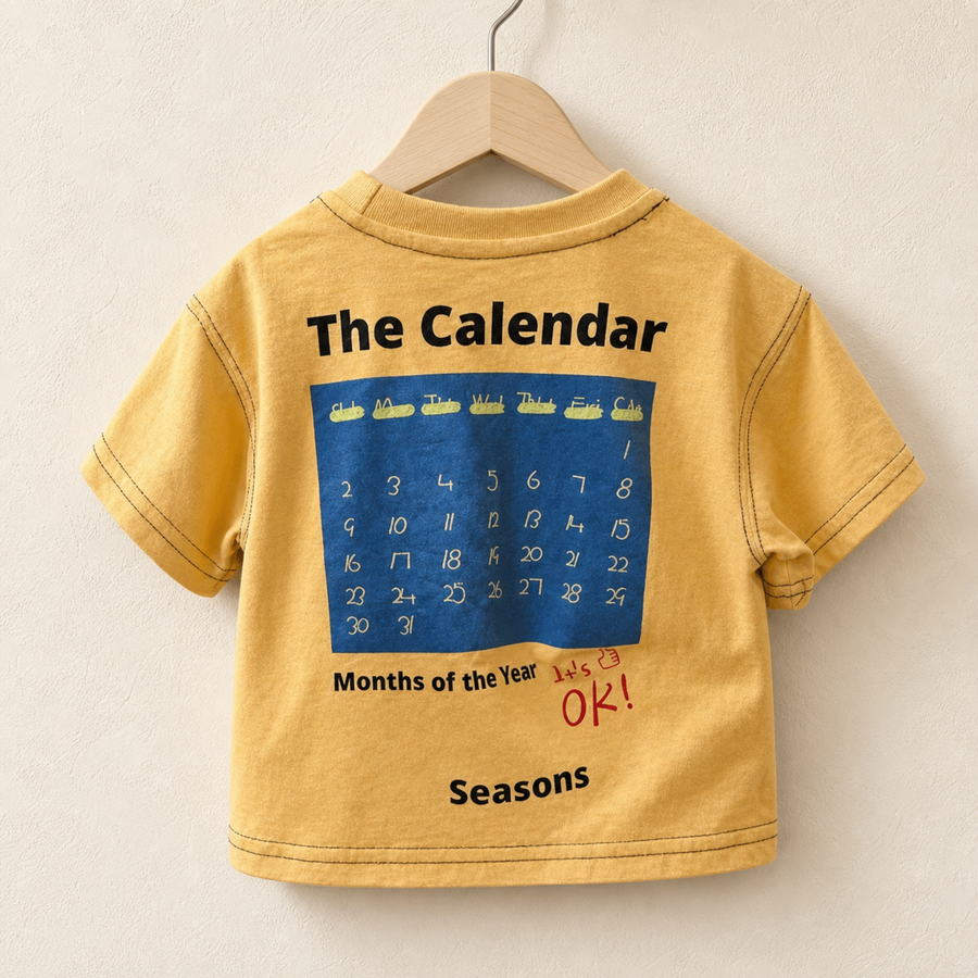 Back view of Yellow Have a Nice Day Short Sleeve Tee with calendar print