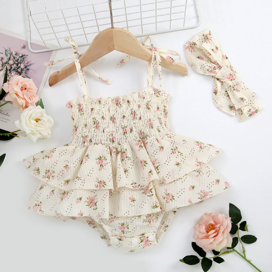Floral Ruffled Romper Set with Bow Headband for Baby Girls