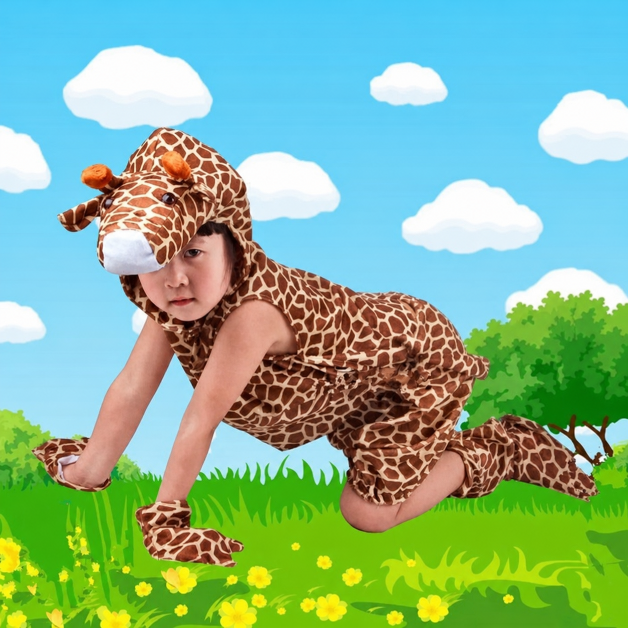 Child wearing a giraffe-print costume set with hood, vest, shorts, gloves, and shoe covers