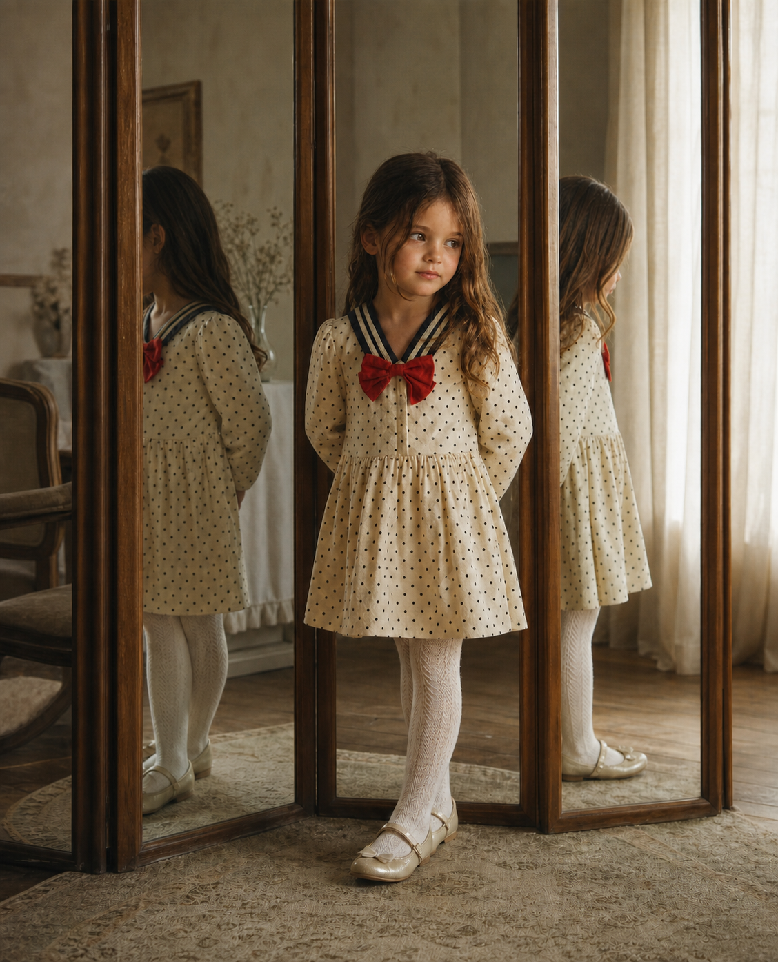 Girl wearing the Jardin de Soleil Lucie Sailor Dress in a three-panel mirror