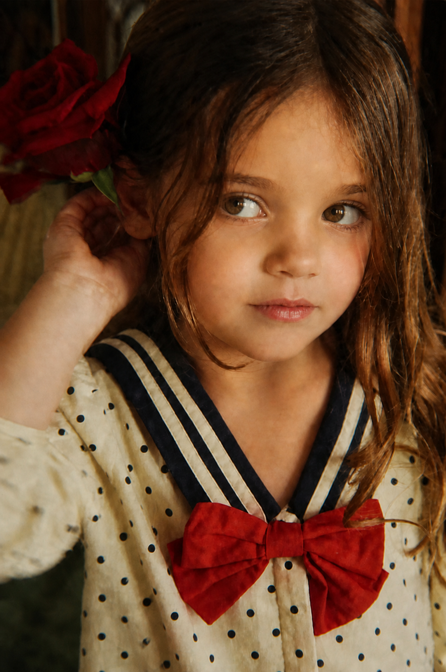 Close-up model wearing the Jardin de Soleil Lucie Sailor Dress