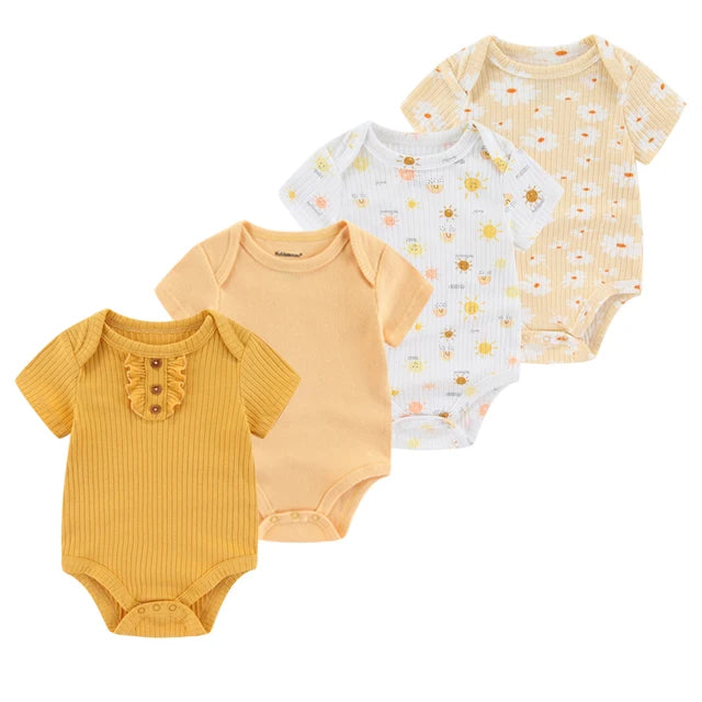 Yellow, peach and ivory four-pack of short-sleeve baby bodysuits