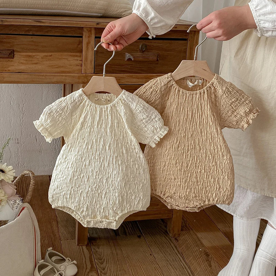 Wrinkle Puff Sleeve Bodysuit Set in Beige and Khaki colors