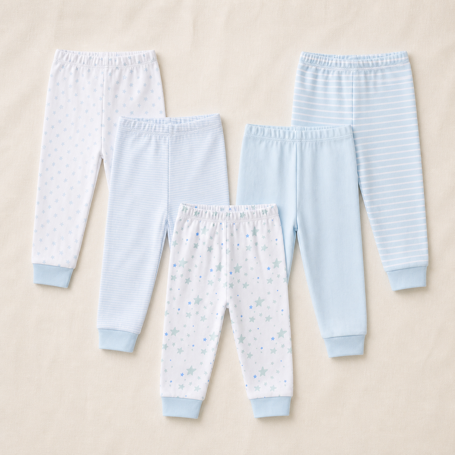 Sylvie five-pack cotton baby pants in Light Blue Star Mix